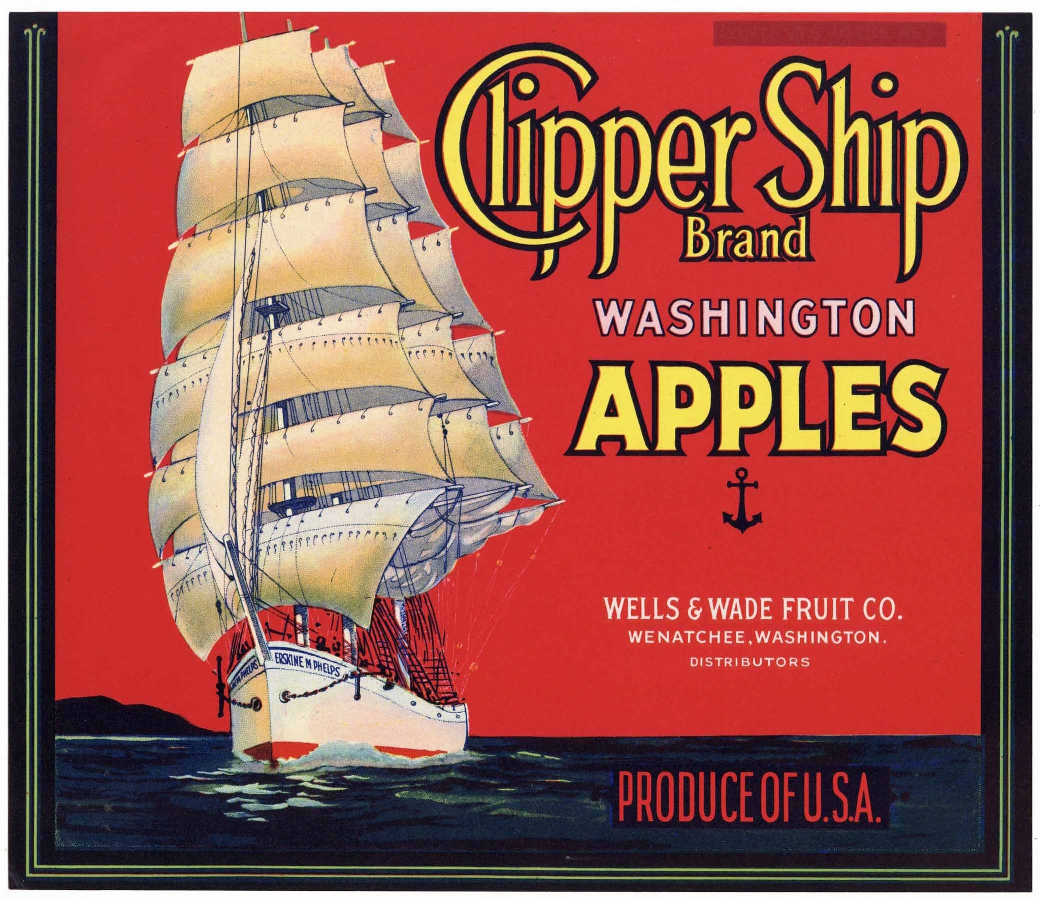 Clipper Ship Brand Vintage Wenatchee Washington Apple Crate Label, op