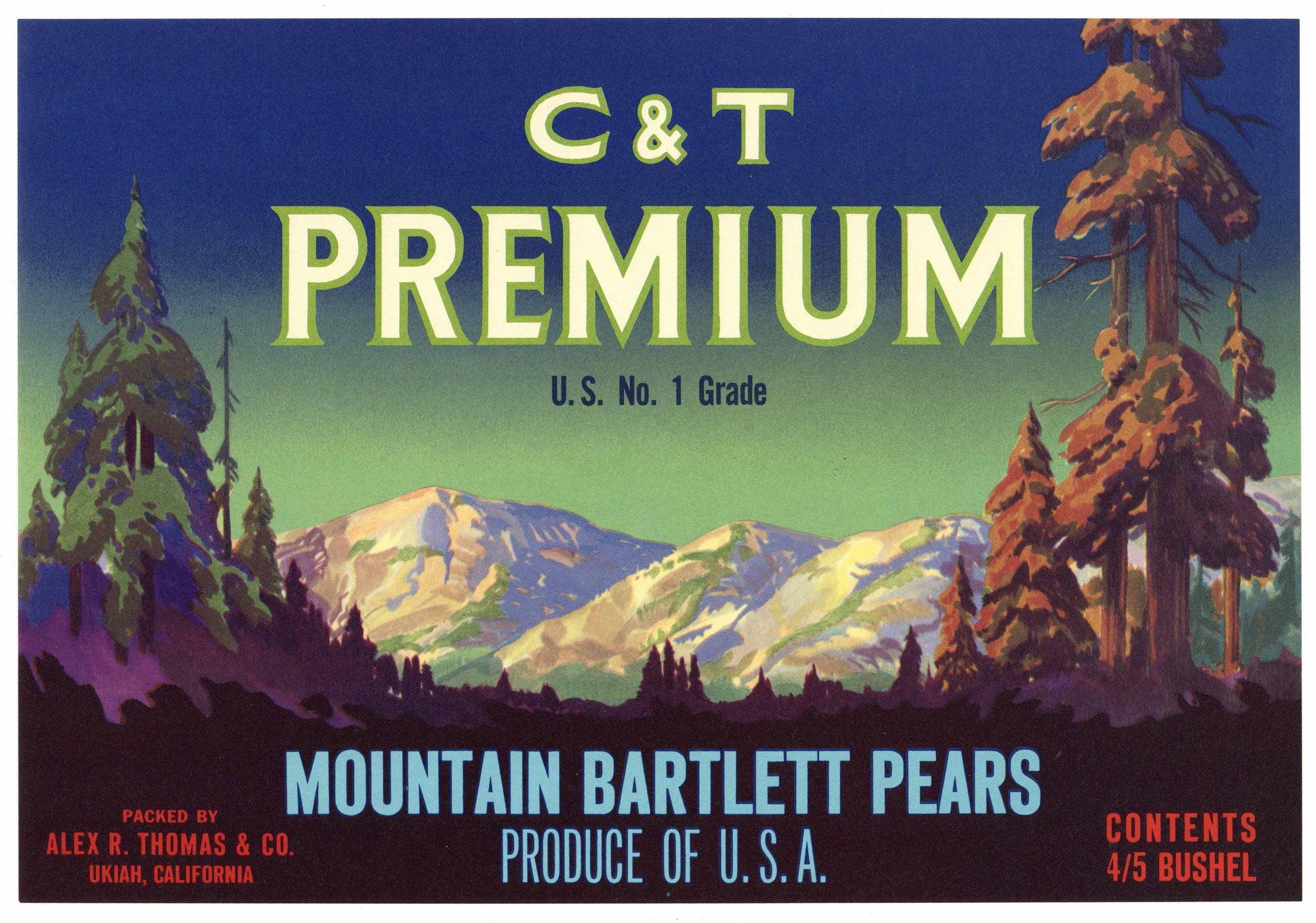 C & T Premium Brand Vintage Ukiah Mendocino County Pear Crate Label