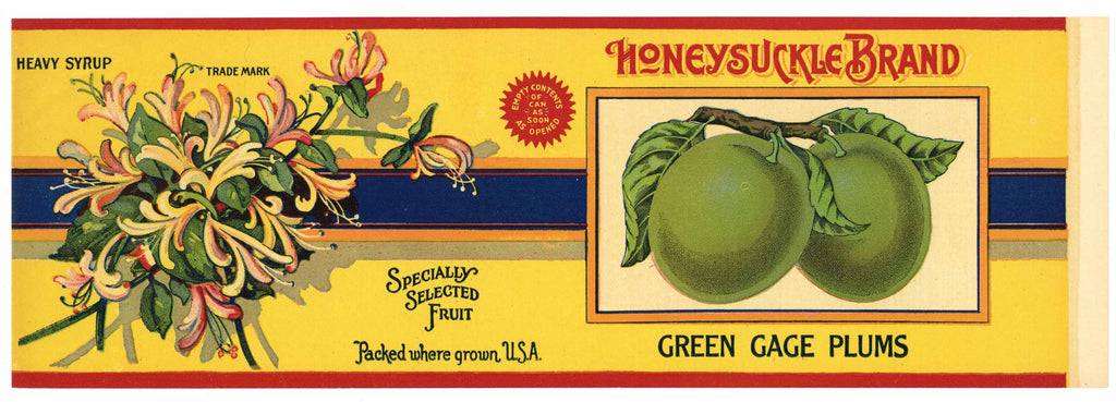 Honeysuckle Brand Vintage Green Cage Plums Can Label