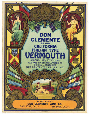 Don Clemente Brand Vintage San Jose California Vermouth Label