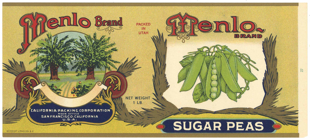 Menlo Brand Vintage Sugar Peas Can Label
