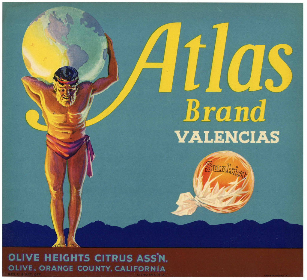 Atlas Brand Vintage Orange Crate Label, Orange County