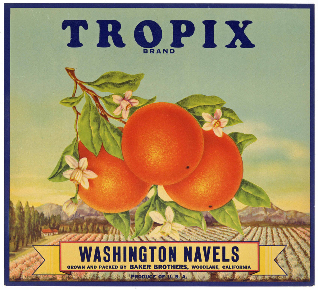 Tropix Brand Vintage Woodlake Orange Crate Label