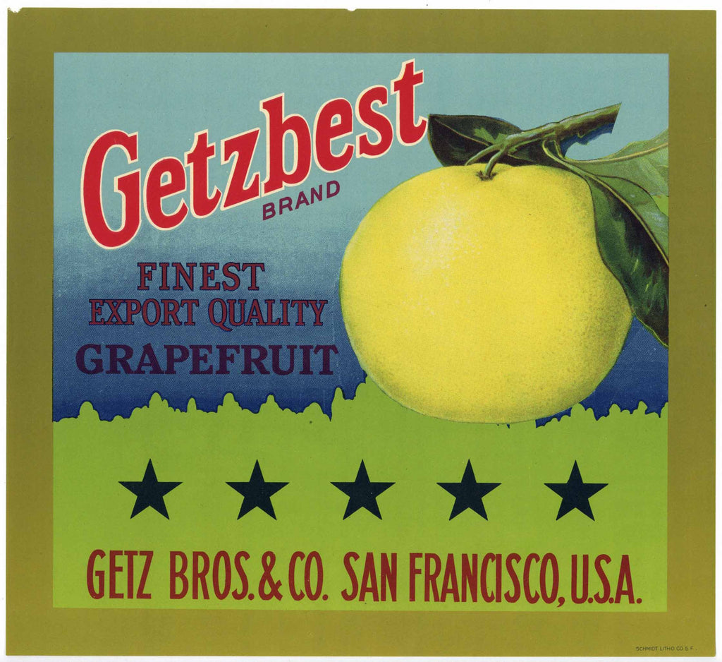 Getzbest Brand Vintage California Grapefruit Crate Label, five stars