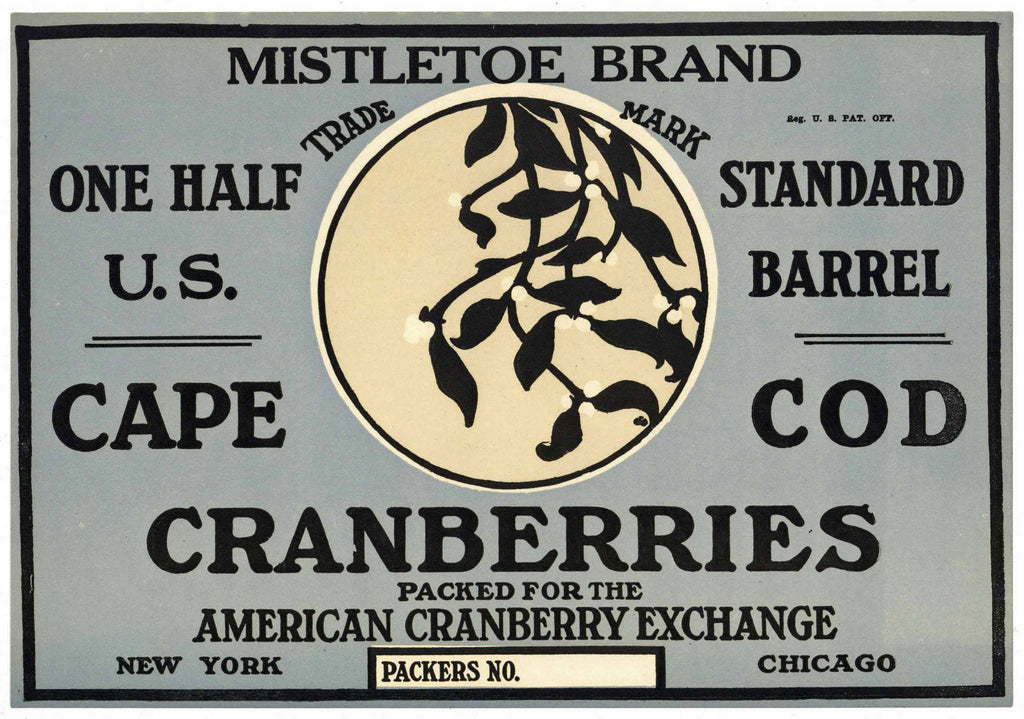 Mistletoe Brand Vintage Cape Cod Cranberry Crate Label, 1/2, blue