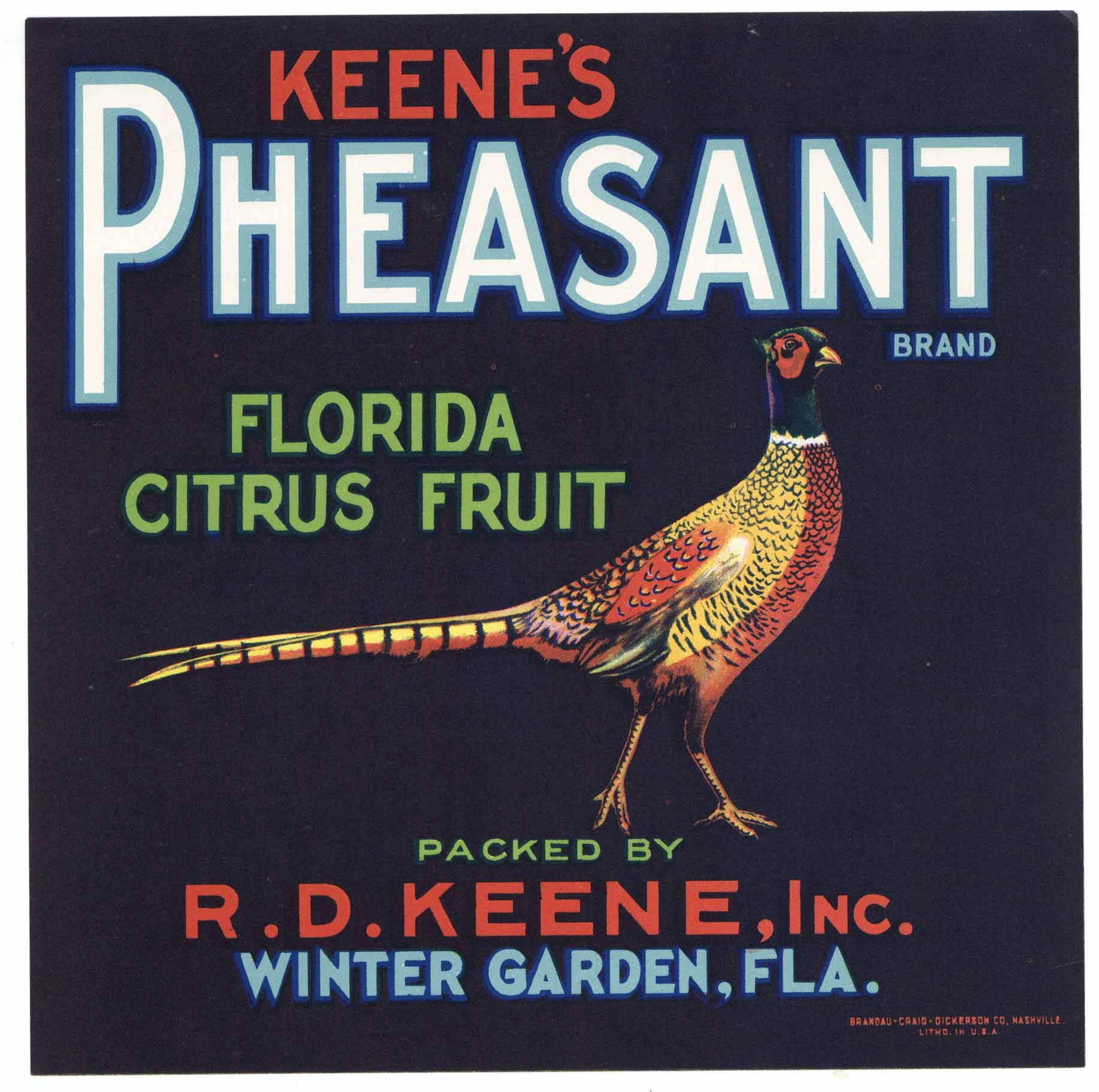 Pheasant Brand Vintage Winter Garden Florida Citrus Crate Label