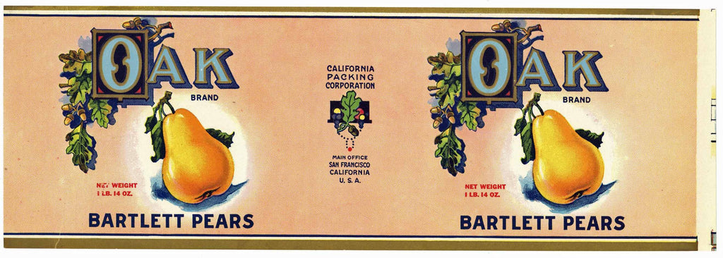 Oak Brand Vintage Bartlett Pears Can Label