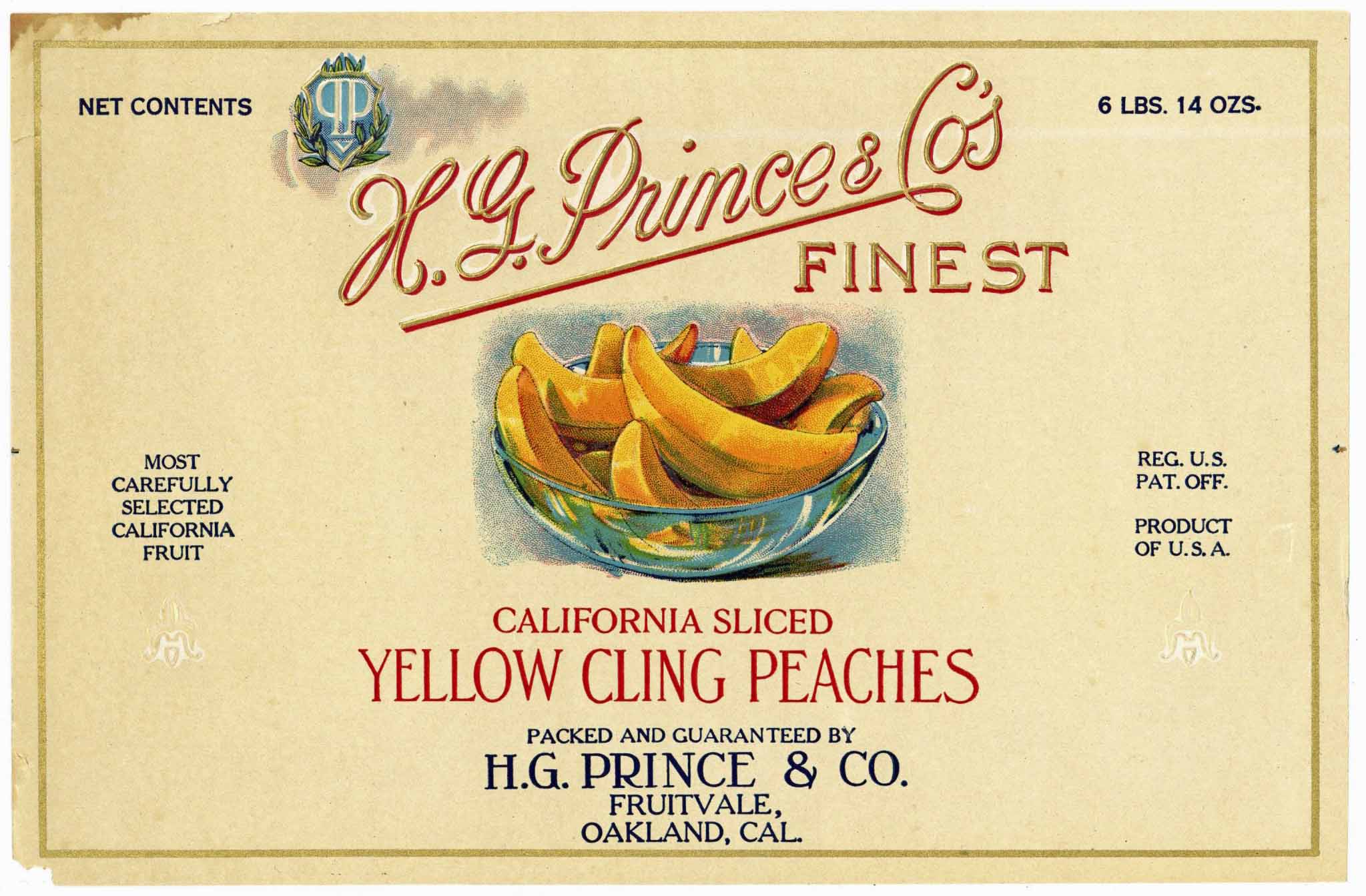 H. G. Prince & Co's Finest Brand Vintage Yellow Cling Peaches Can Label