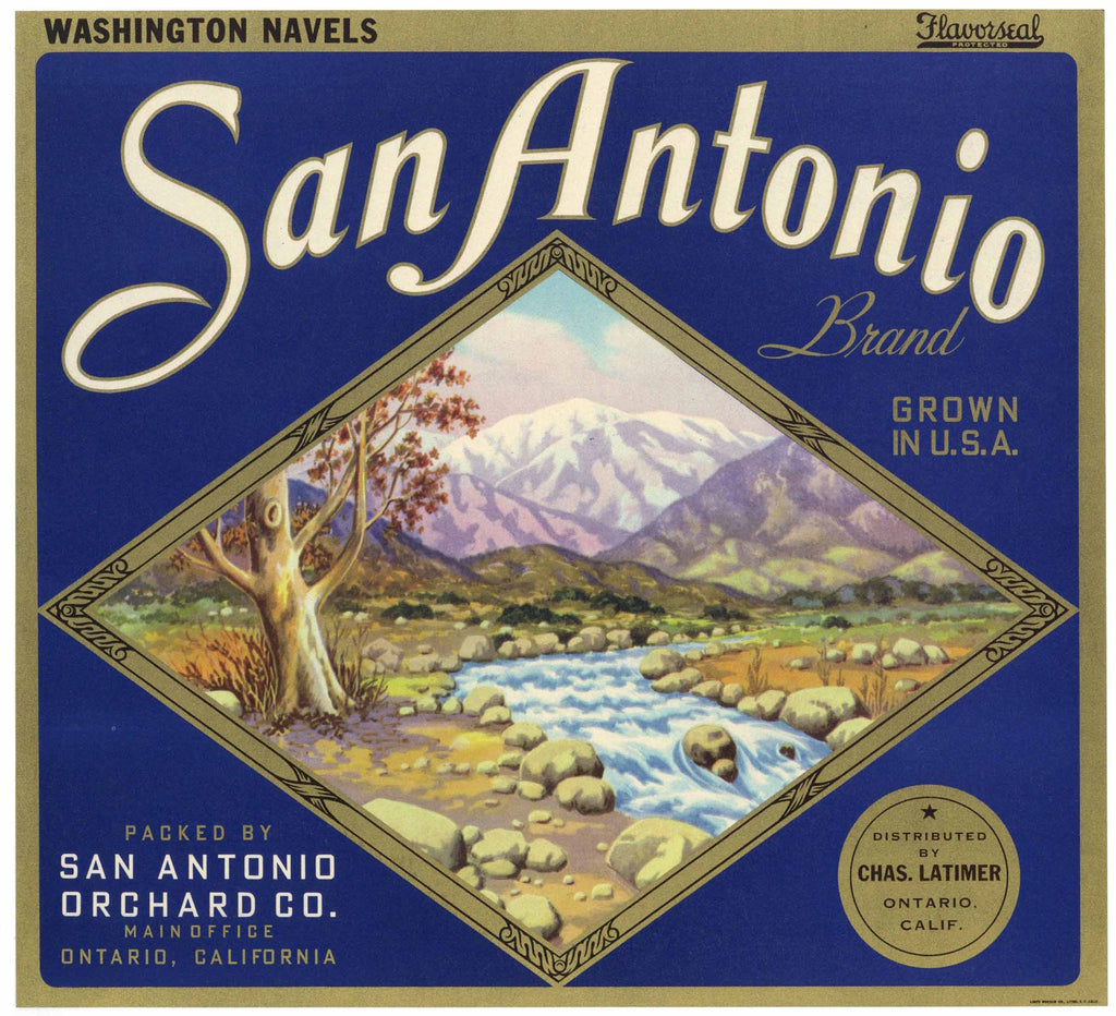 San Antonio Brand Vintage Ontario Orange Crate Label, Washington Navels
