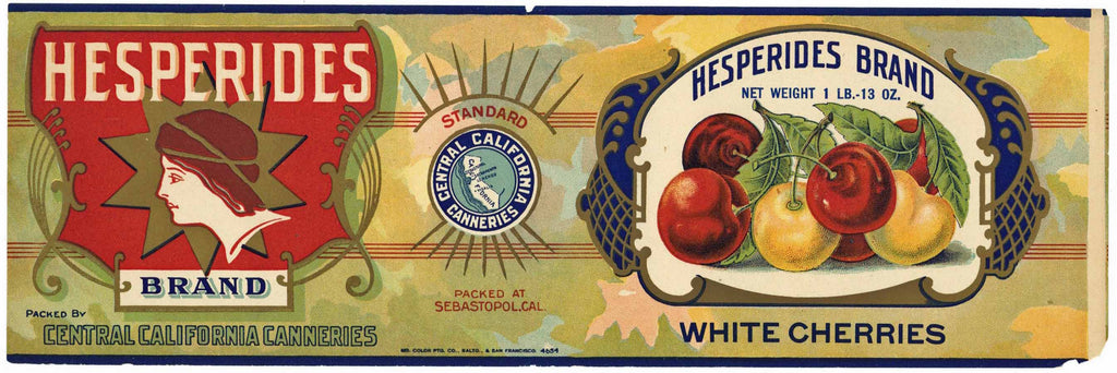 Hesperides Brand Vintage White Cherries Can Label