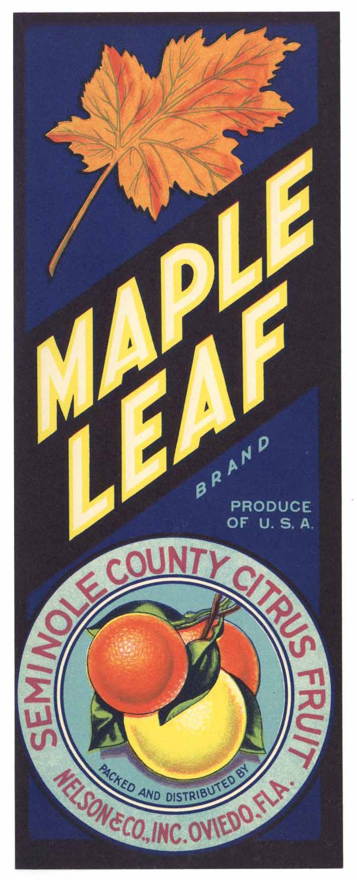 Maple Leaf Brand Vintage Oviedo Florida Citrus Crate Label, V