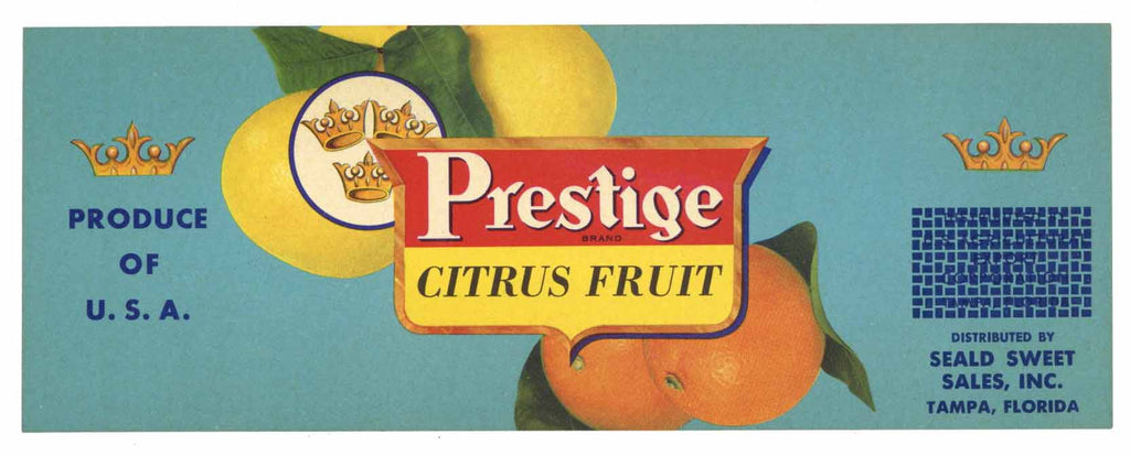 Prestige Brand Vintage Tampa Florida Citrus Crate Label