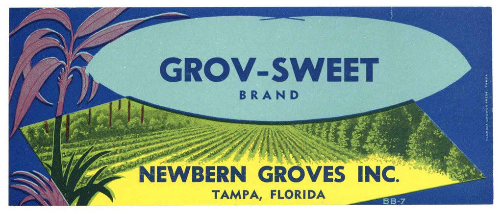 Grov-Sweet Brand Vintage Tampa Florida Citrus Crate Label