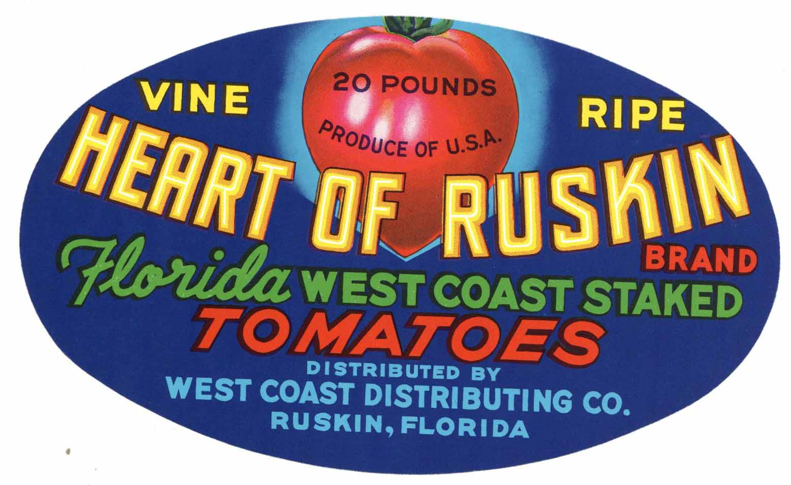 Heart Of Ruskin Brand Vintage Florida Vegetable Crate Label