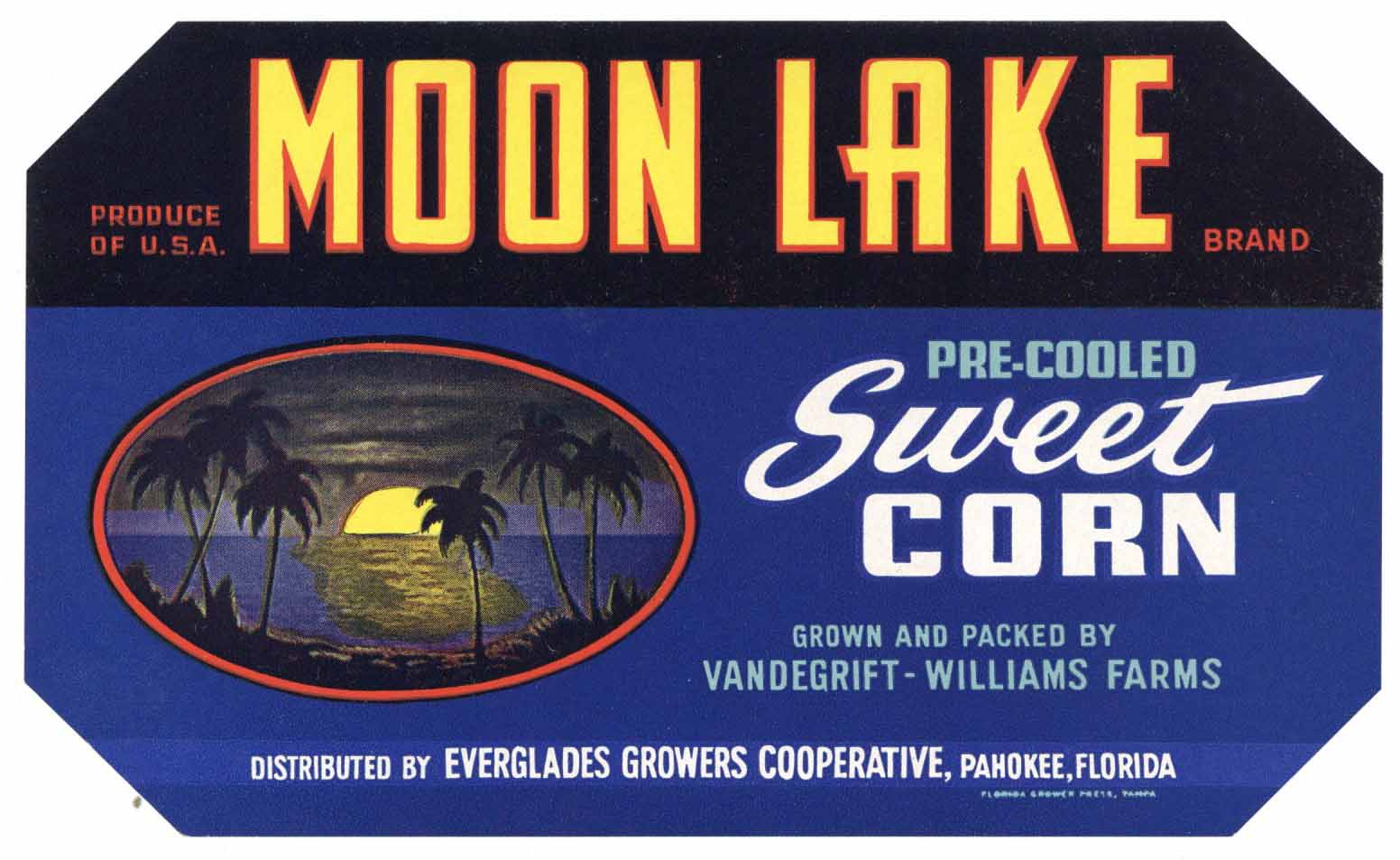 Moon Lake Brand Vintage Pahokee Florida Vegetable Crate Label, corn