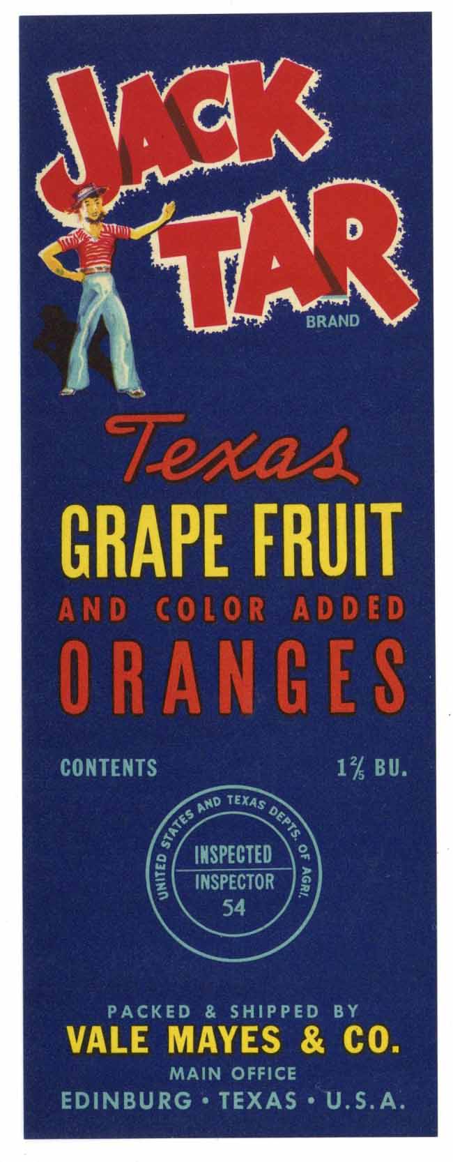 Jack Tar Brand Vintage Edinburg Texas Citrus Crate Label
