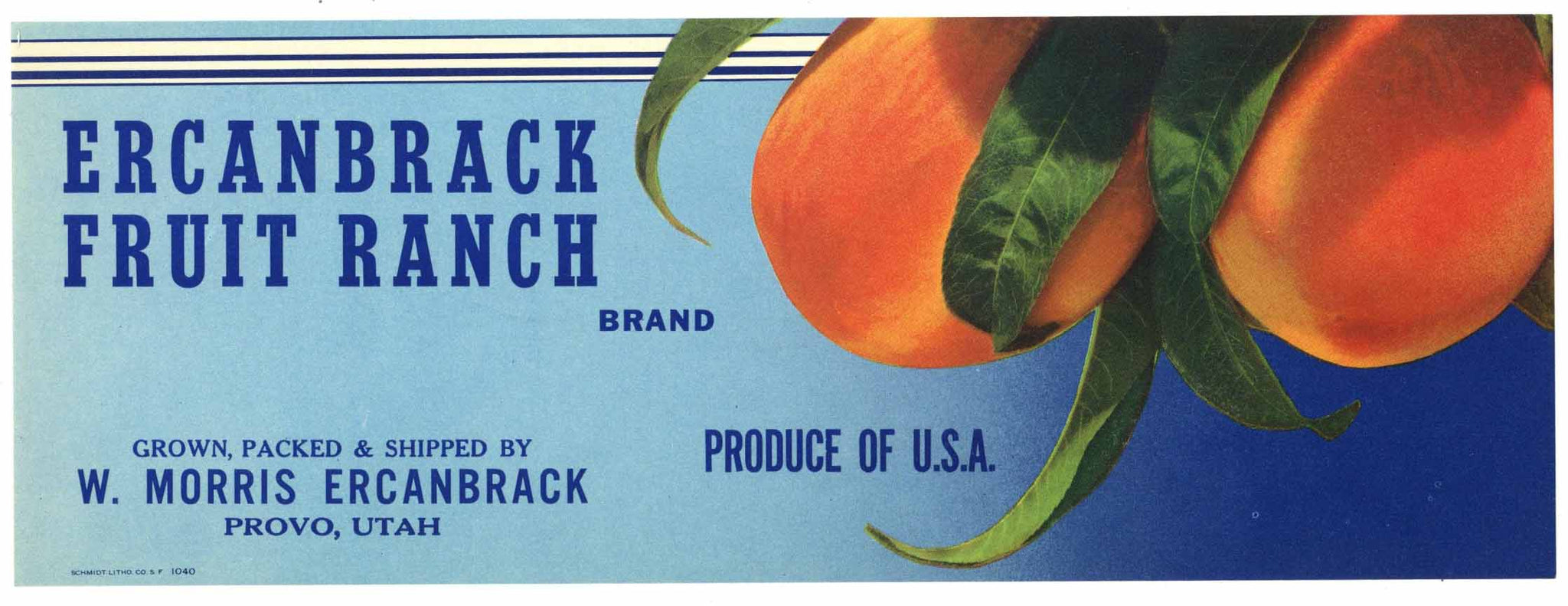 Ercanbrack Fruit Ranch Brand Vintage Provo Utah Peach Crate Label