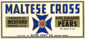 Maltese Cross Brand Vintage Medford Oregon Pear Crate Label, lug
