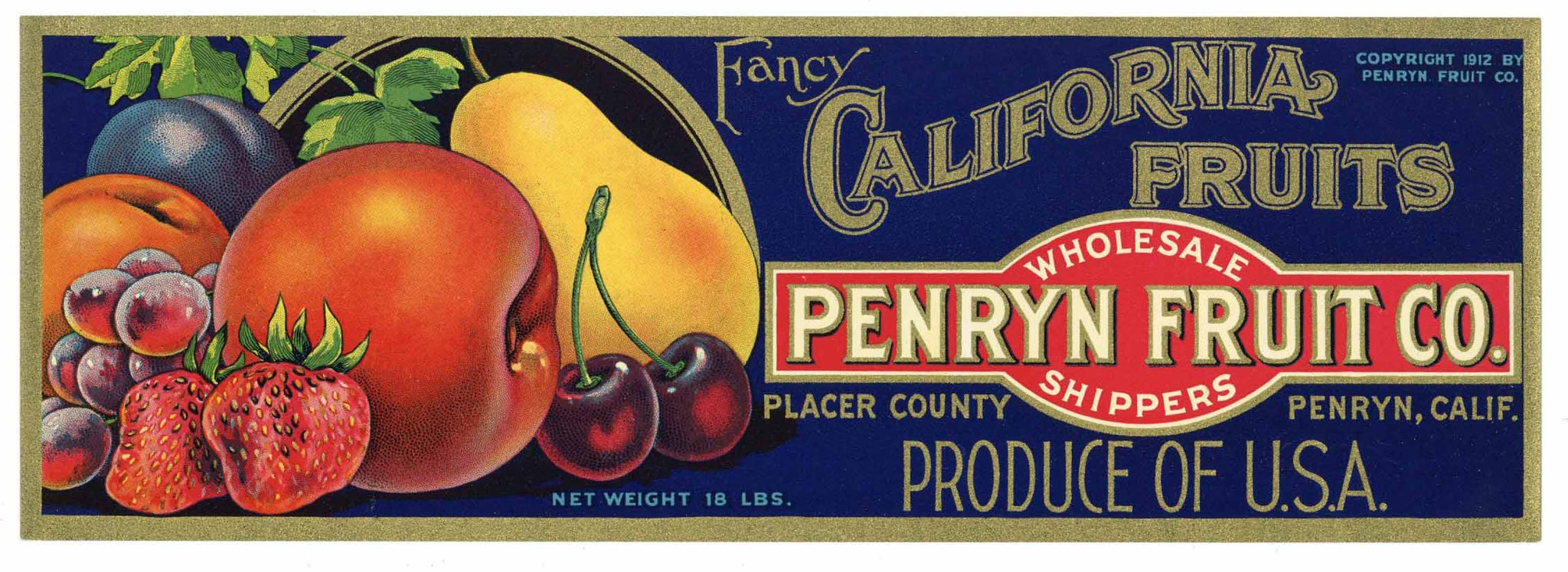 Penryn Fruit Co. Brand Vintage Placer County Fruit Crate Label, strawberry
