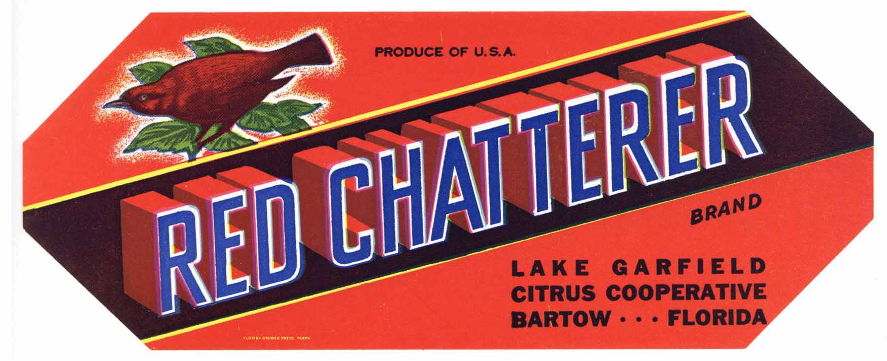 Red Chatterer Brand Vintage Lake Garfield Florida Citrus Crate Label
