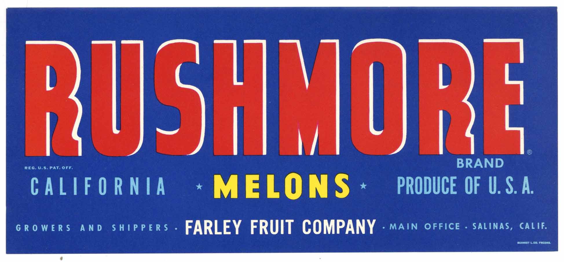 Rushmore Brand Vintage Salinas Melon Crate Label