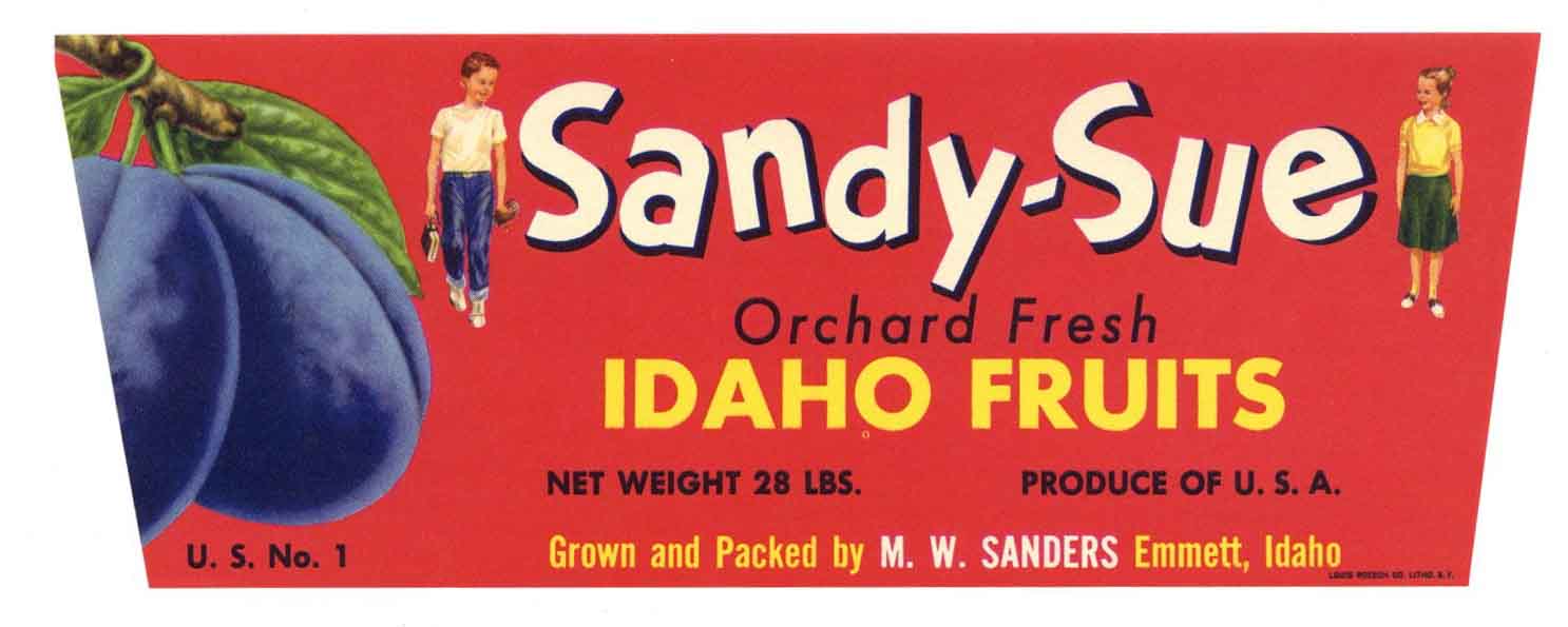 Sandy Sue Brand Vintage Emmett Idaho Fruit Crate Label