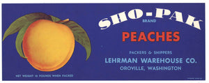 Sho-Pak Brand Vintage Oroville Washington Peach Crate Label