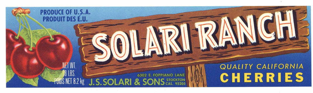 Solari Ranch Brand Vintage Stockton Cherry Crate Label