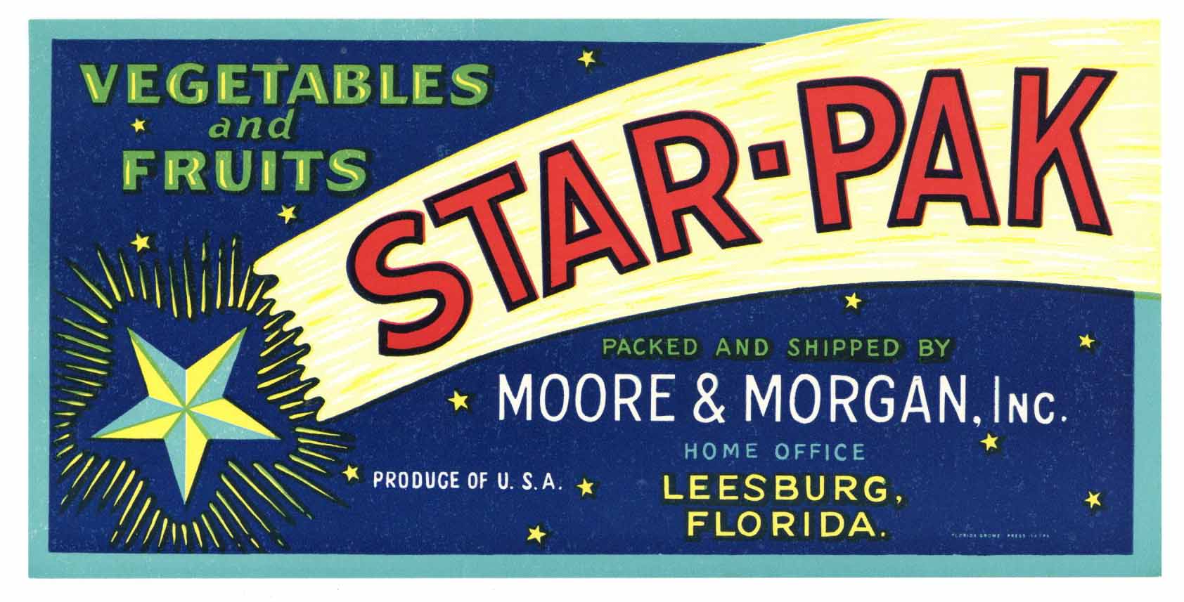 Star-Pak Brand Vintage Leesburg Florida Vegetable Crate Label