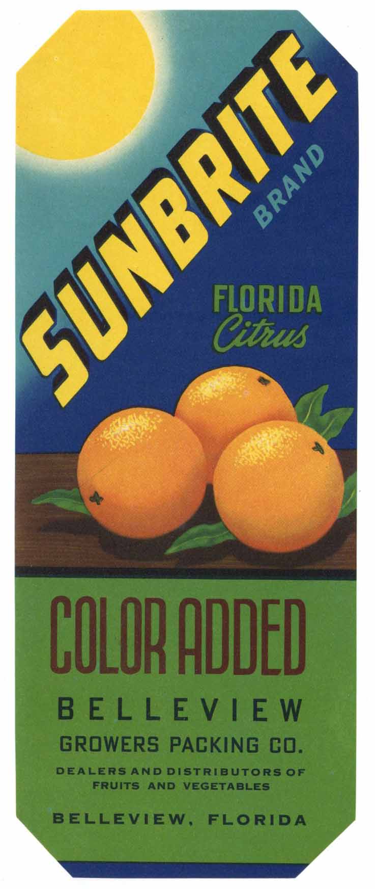 Sunbrite Brand Vintage Belleview Florida Citrus Crate Label, str