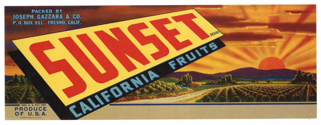 Sunset Brand Vintage Fresno Fruit Crate Label, n