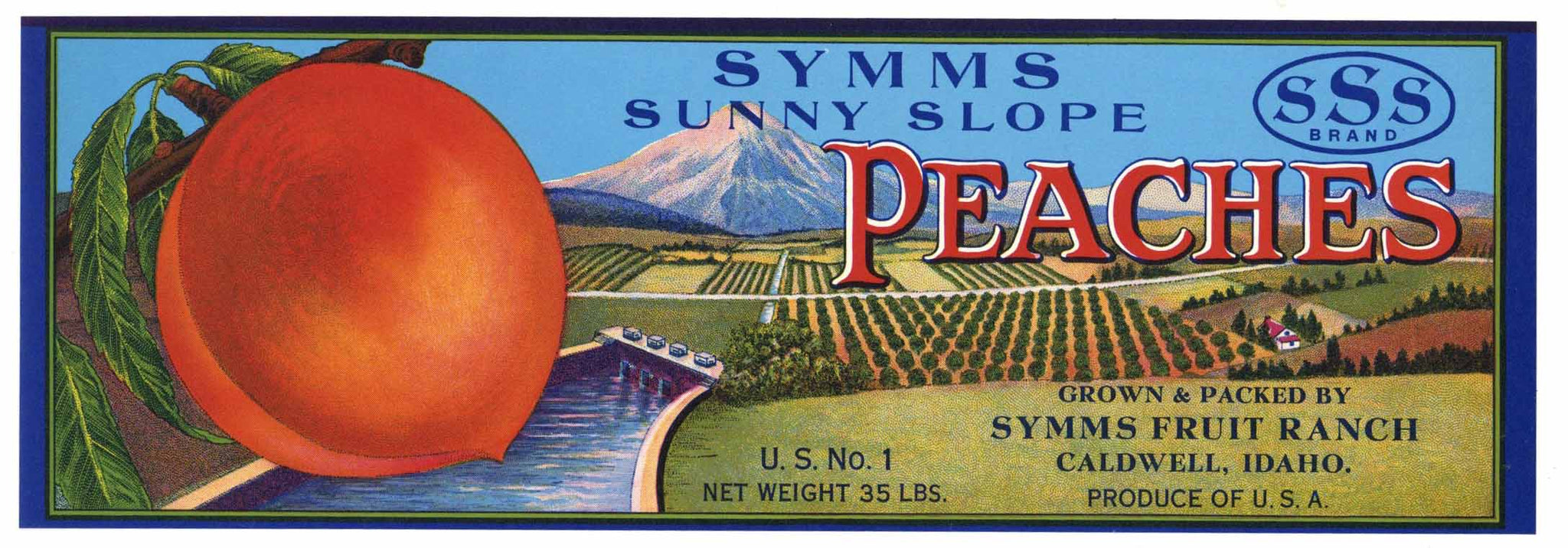 Symms Sunny Slope Brand Vintage Caldwell Idaho Peach Crate Label