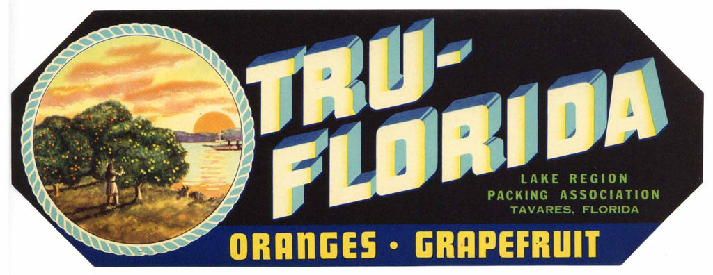 Tru Florida Brand Vintage Tavares Florida Citrus Crate Label, h