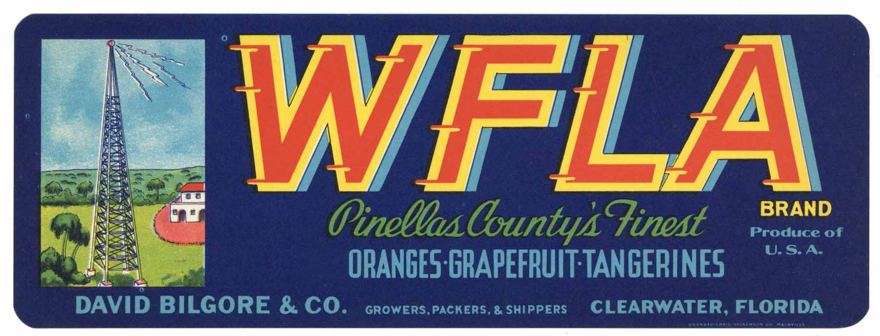 WFLA Brand Vintage Clearwater Florida Citrus Crate Label