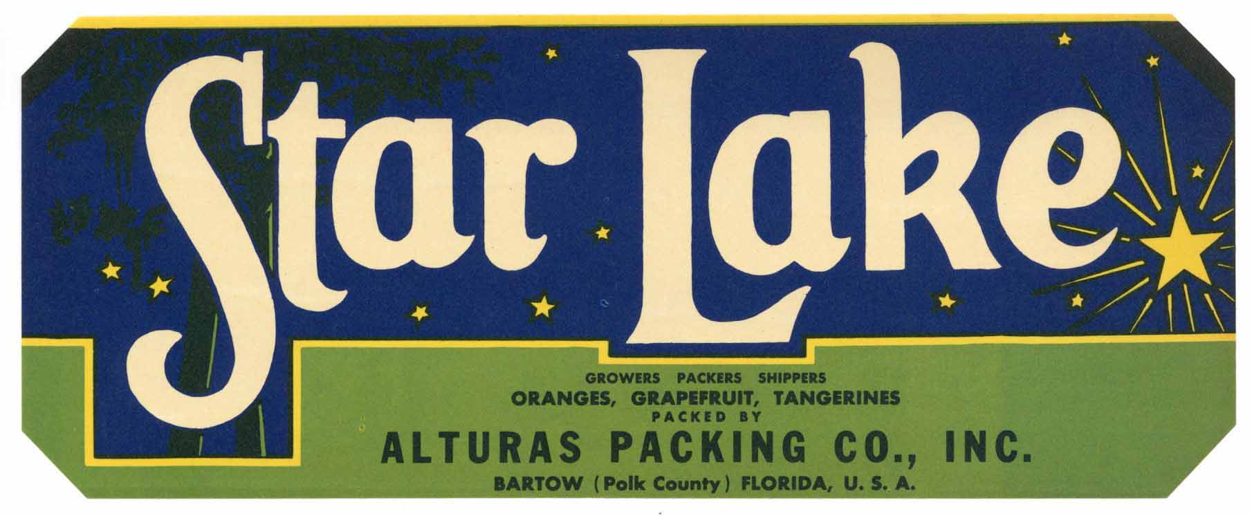 Star Lake Brand Vintage Bartow Florida Citrus Crate Label