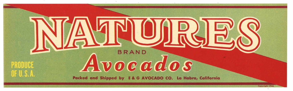Natures Avocados Brand Vintage La Habra Avocado Crate Label