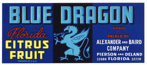 Blue Dragon Brand Vintage Pierson Deland Florida Citrus Crate Label