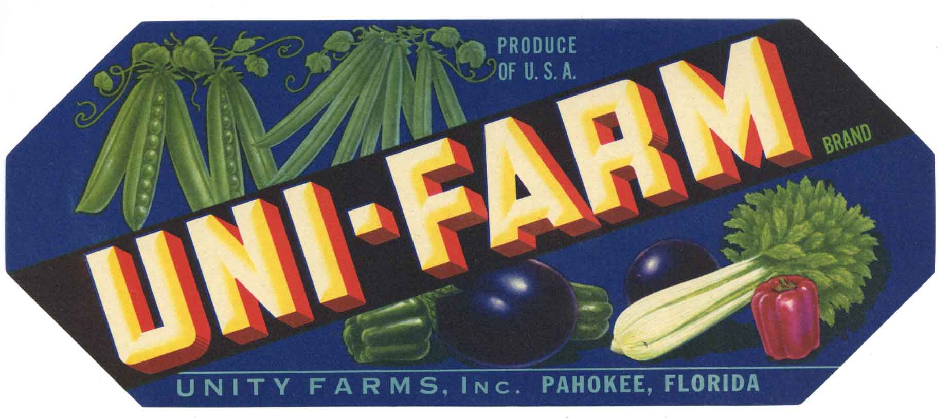 Uni-Farm Brand Vintage Pahokee Florida Vegetable Crate Label