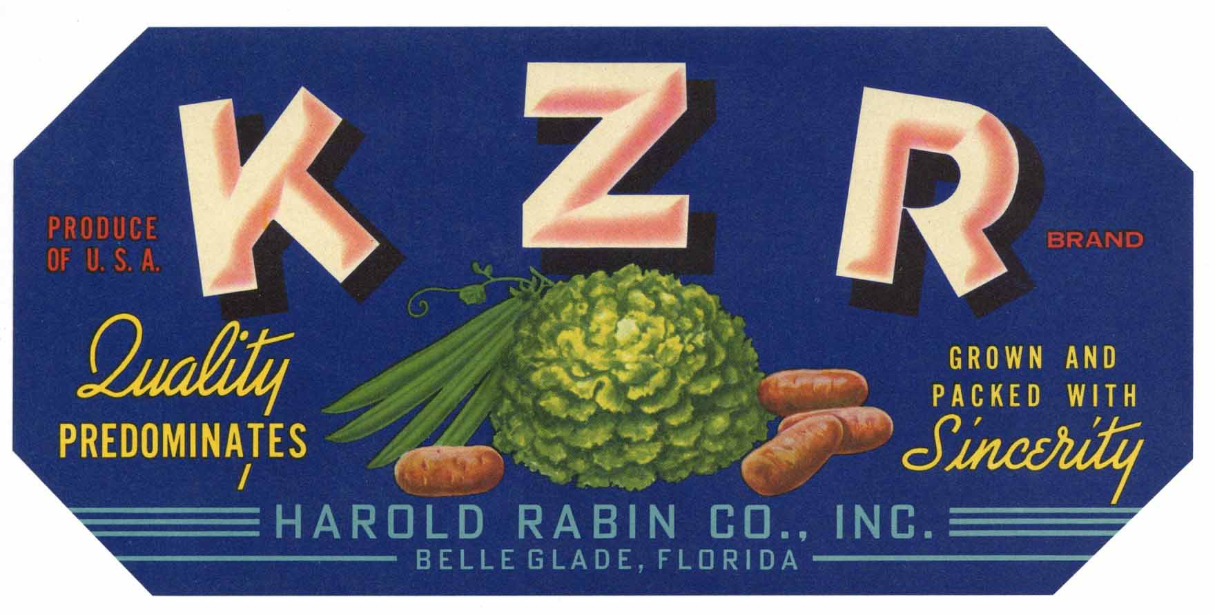 K Z R Brand Vintage Belle Glade Florida Vegetable Crate Label