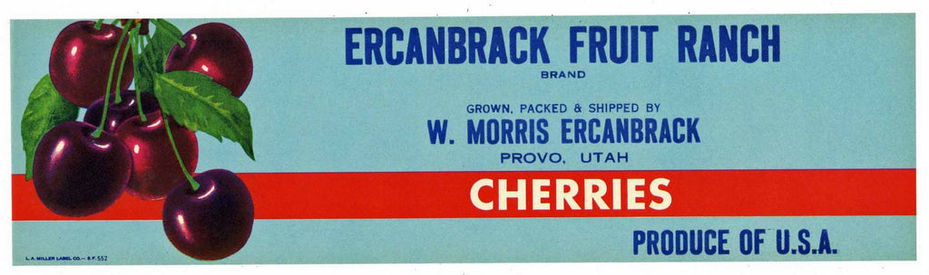 Ercanbrack Fruit Ranch Brand Vintage Provo Utah Cherry Crate Label