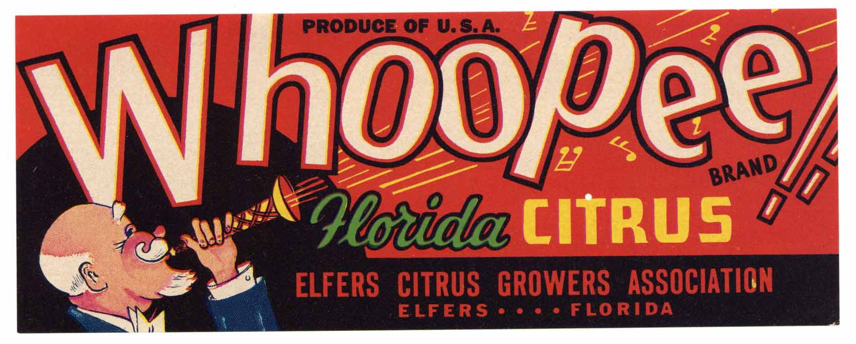 Whoopee Brand Vintage Elfers Florida Citrus Crate Label