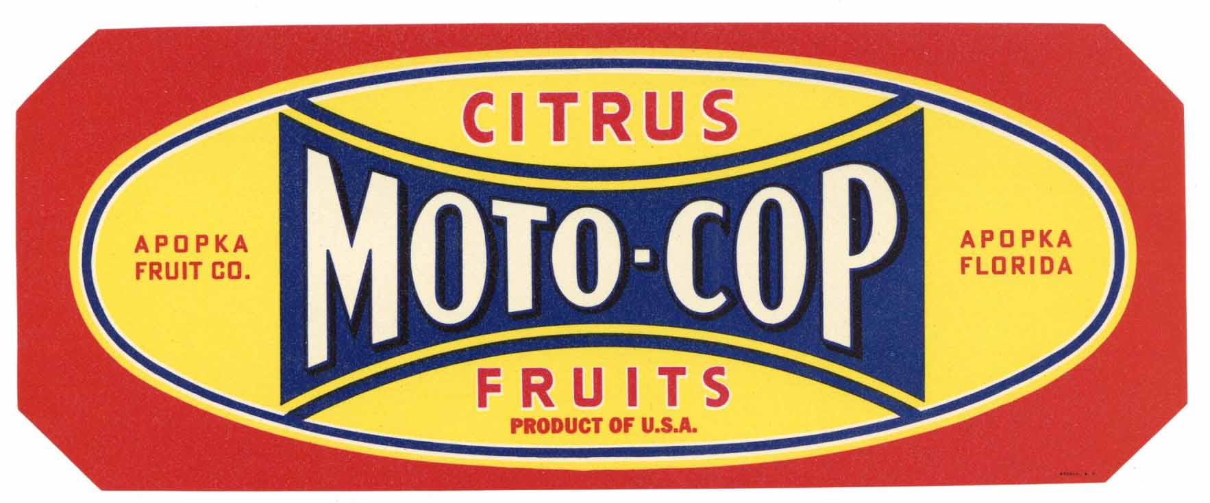 Moto-Cop Brand Vintage Apopka Florida Citrus Crate Label