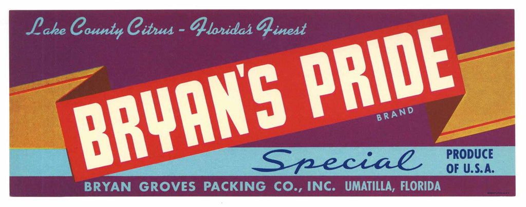 Bryan's Pride Brand Vintage Umatilla Florida Citrus Crate Label