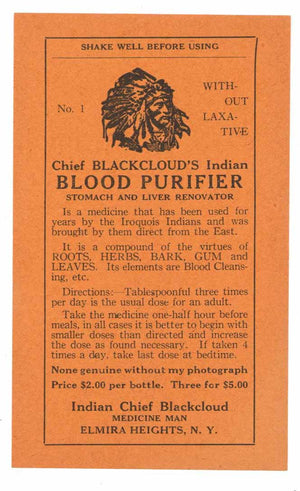 Chief Blackcloud's Indian Blood Purifier Brand Vintage Bottle Label