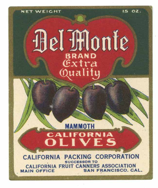 Del Monte Brand Vintage Olive Bottle Label
