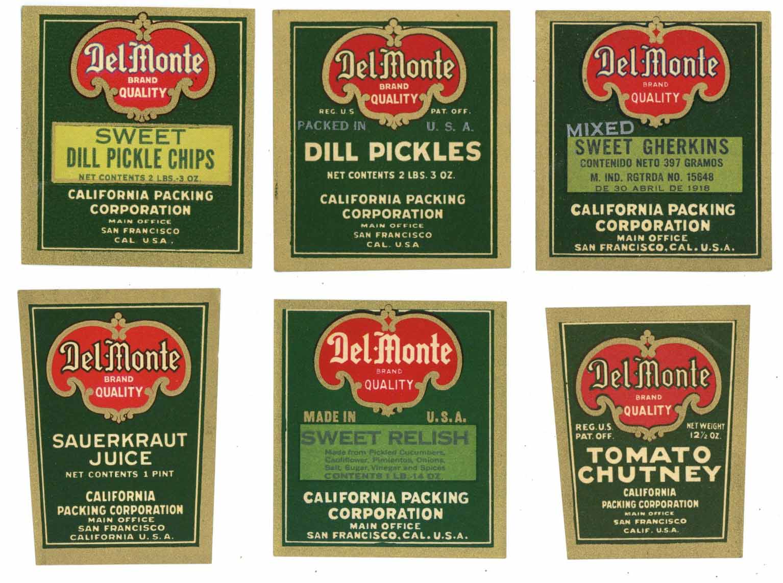 Del Monte Brand Vintage Condiment Label Set of 6