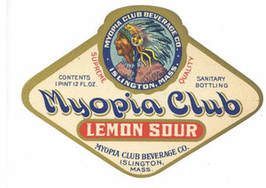 Myopia Club Brand Vintage Islingtn Massachusetts Lemon Sour Soda Label