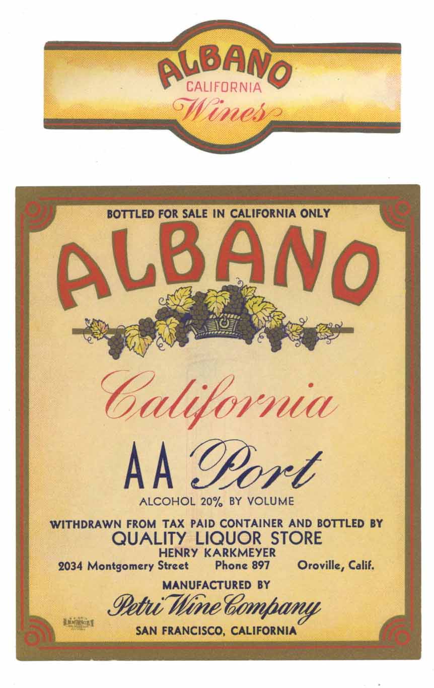 Albano Brand Vintage Oroville Port Wine Label