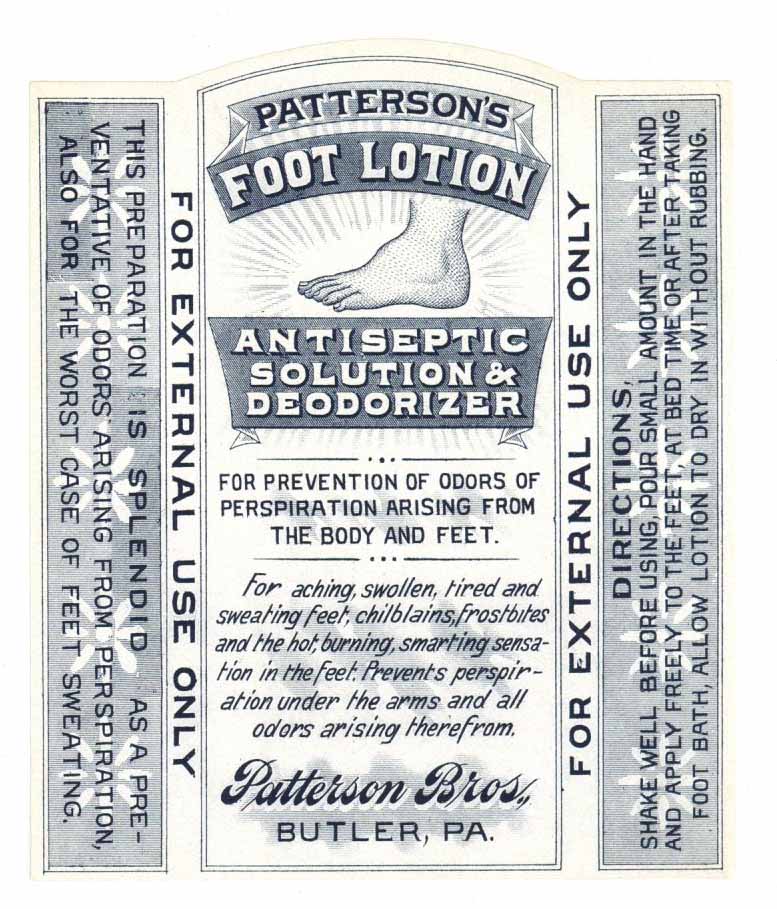 Patterson's Foot Lotion Brand Vintage Antiseptic Bottle Label