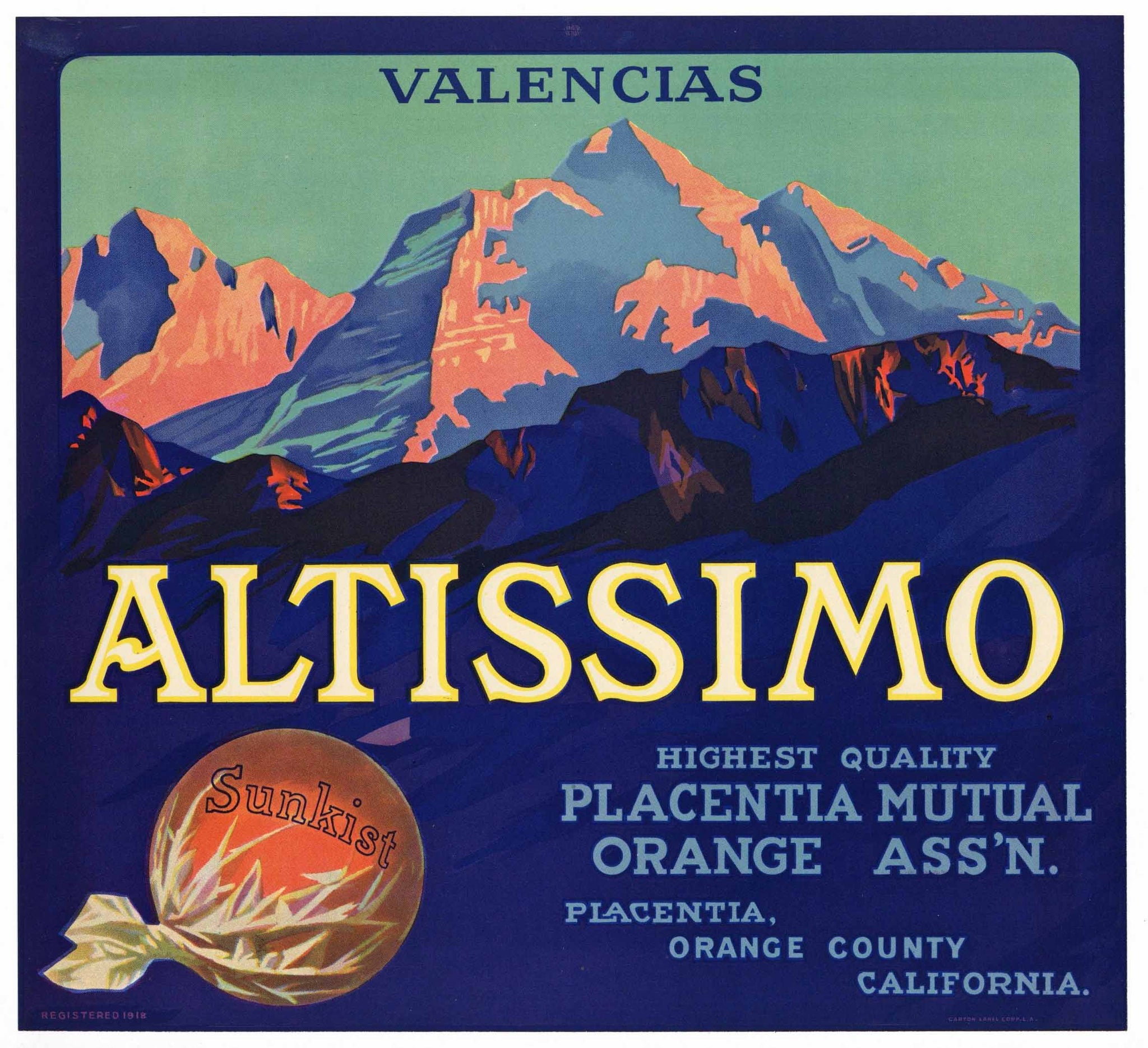 Altissimo Brand Vintage Placentia Orange Crate Label